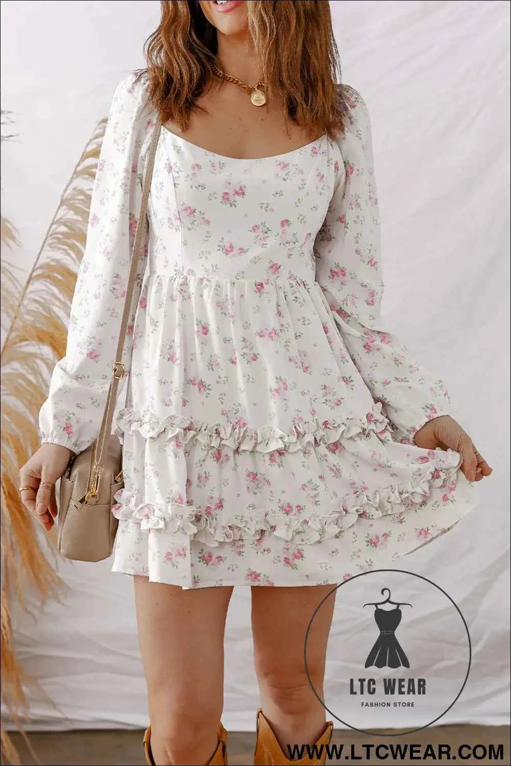 Pink Floral Print Long Sleeve Ruffle Detail Flared Mini Dress