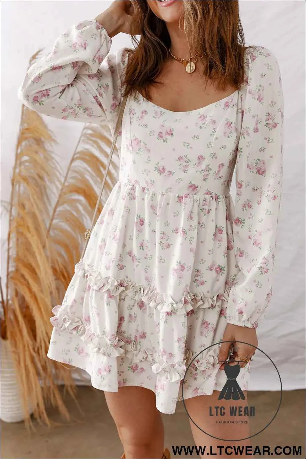Pink Floral Print Long Sleeve Ruffle Detail Flared Mini Dress