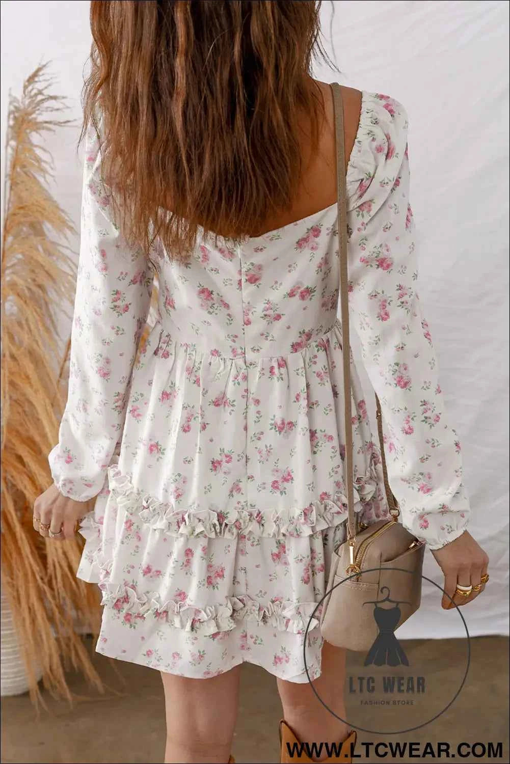 Pink Floral Print Long Sleeve Ruffle Detail Flared Mini Dress