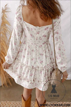 Pink Floral Print Long Sleeve Ruffle Detail Flared Mini Dress