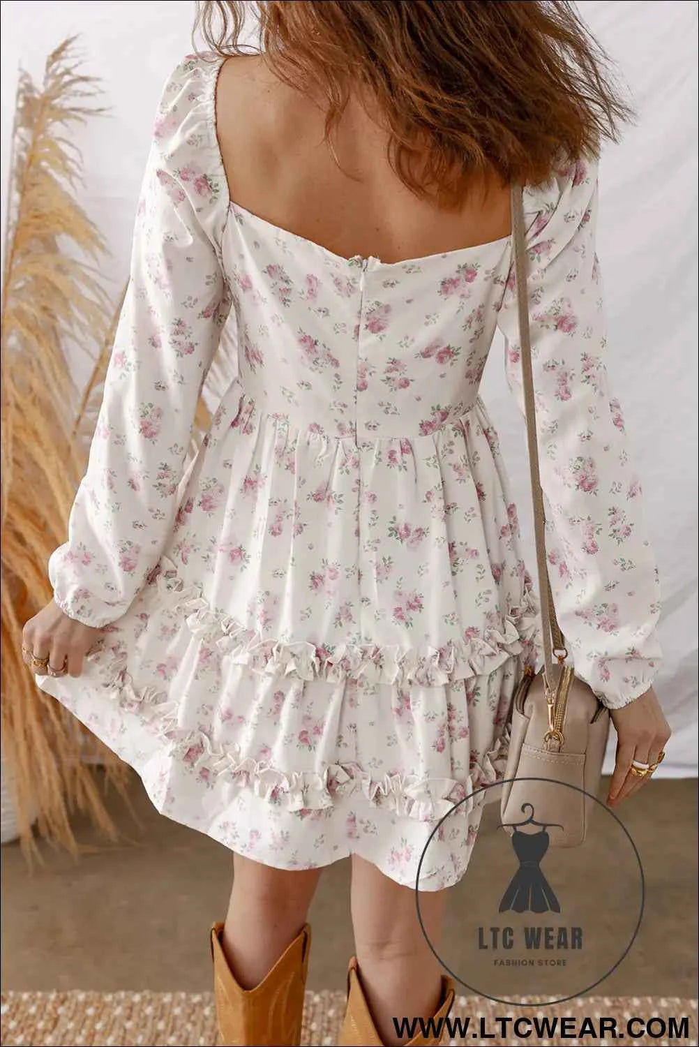 Pink Floral Print Long Sleeve Ruffle Detail Flared Mini Dress
