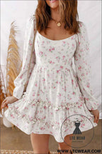 Pink Floral Print Long Sleeve Ruffle Detail Flared Mini Dress
