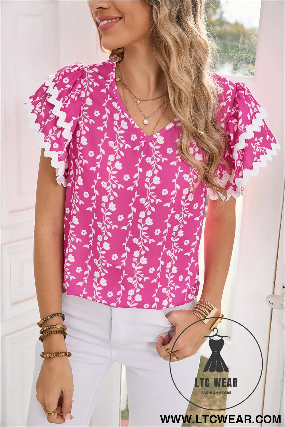 Pink floral print ric rac tiered ruffled v neck blouse - blouses & shirts