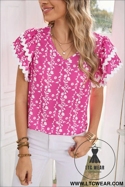 Pink floral print ric rac tiered ruffled v neck blouse - blouses & shirts