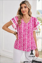 Pink floral print ric rac tiered ruffled v neck blouse - blouses & shirts