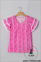 Pink floral print ric rac tiered ruffled v neck blouse - blouses & shirts