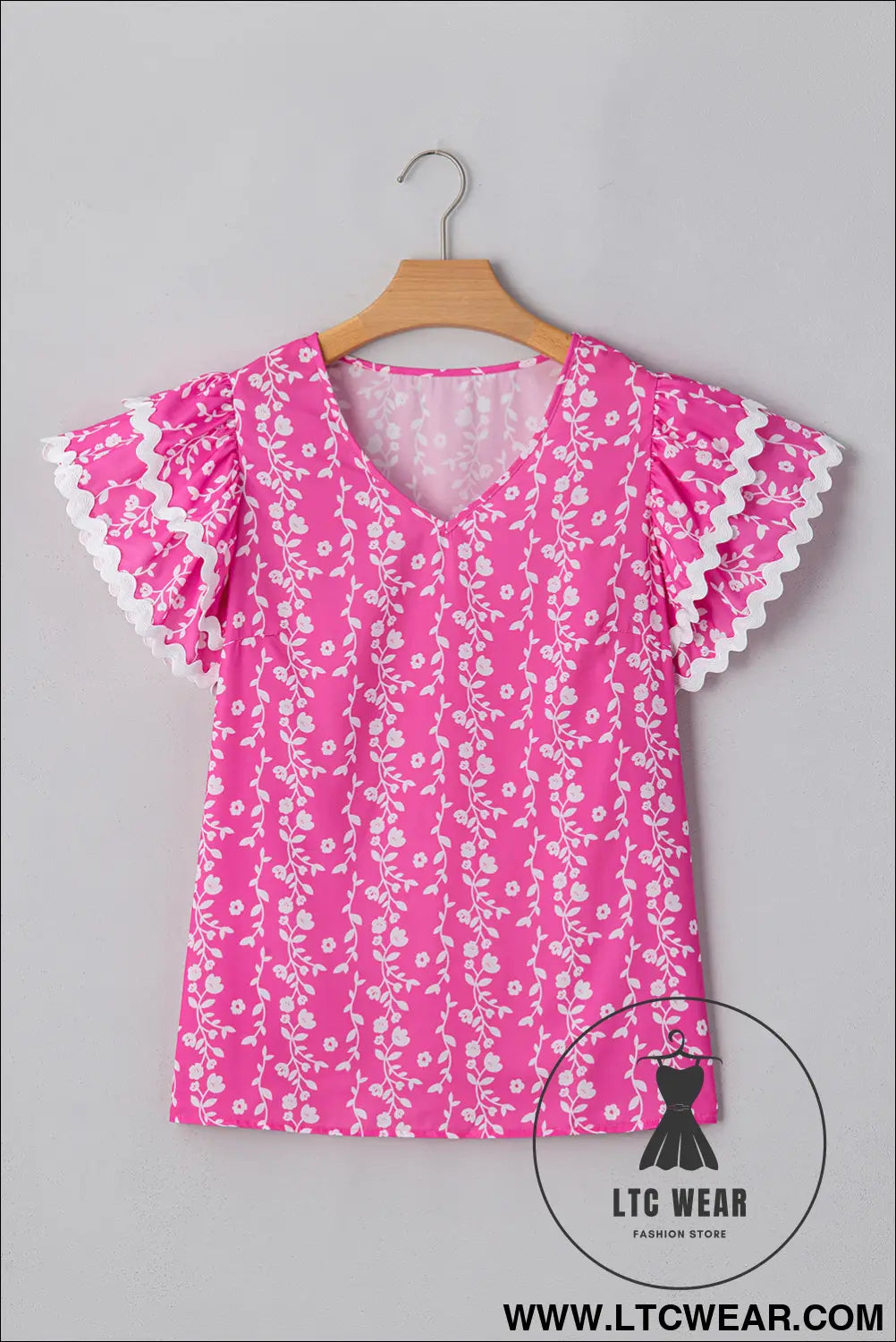 Pink floral print ric rac tiered ruffled v neck blouse - blouses & shirts