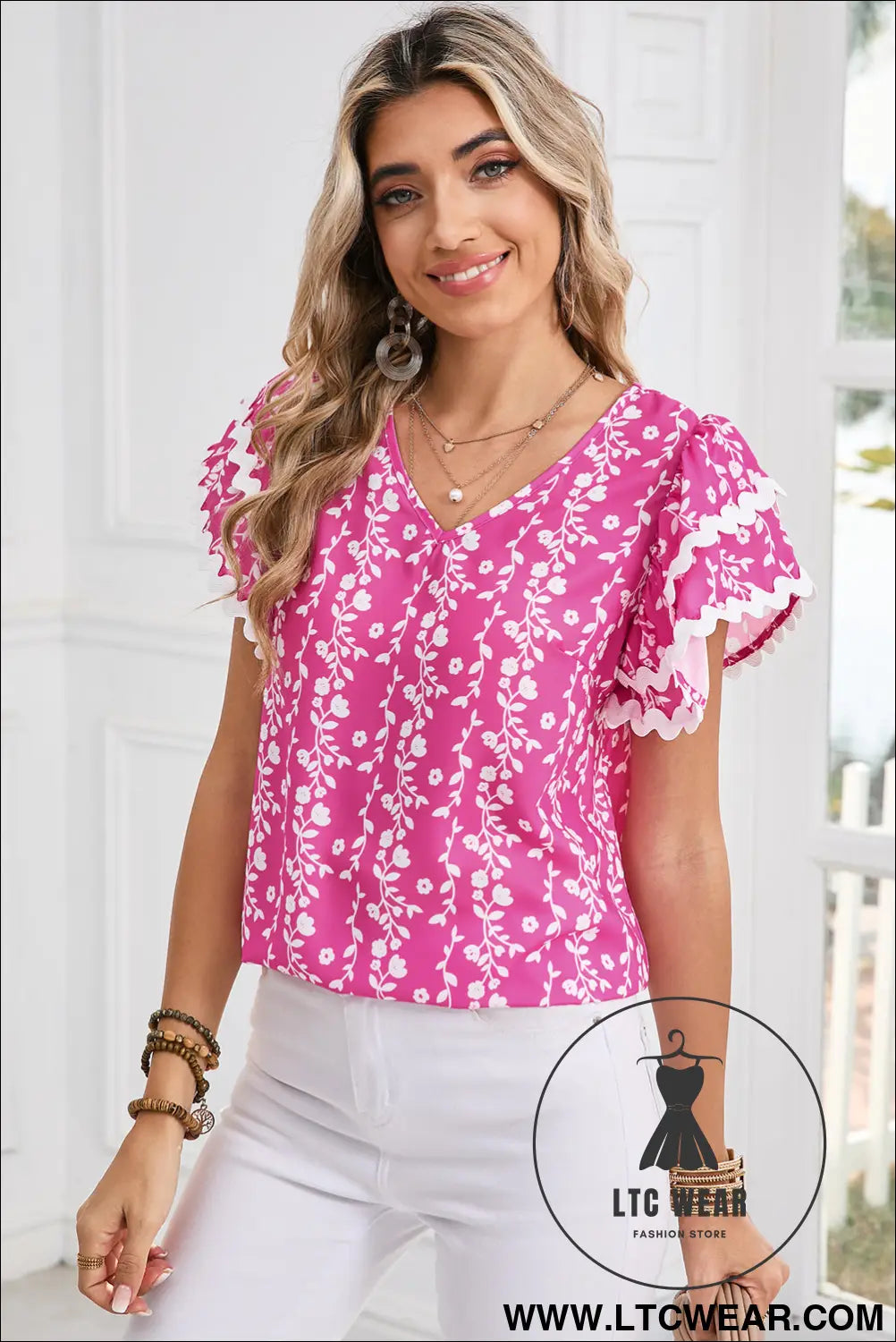 Pink floral print ric rac tiered ruffled v neck blouse - blouses & shirts