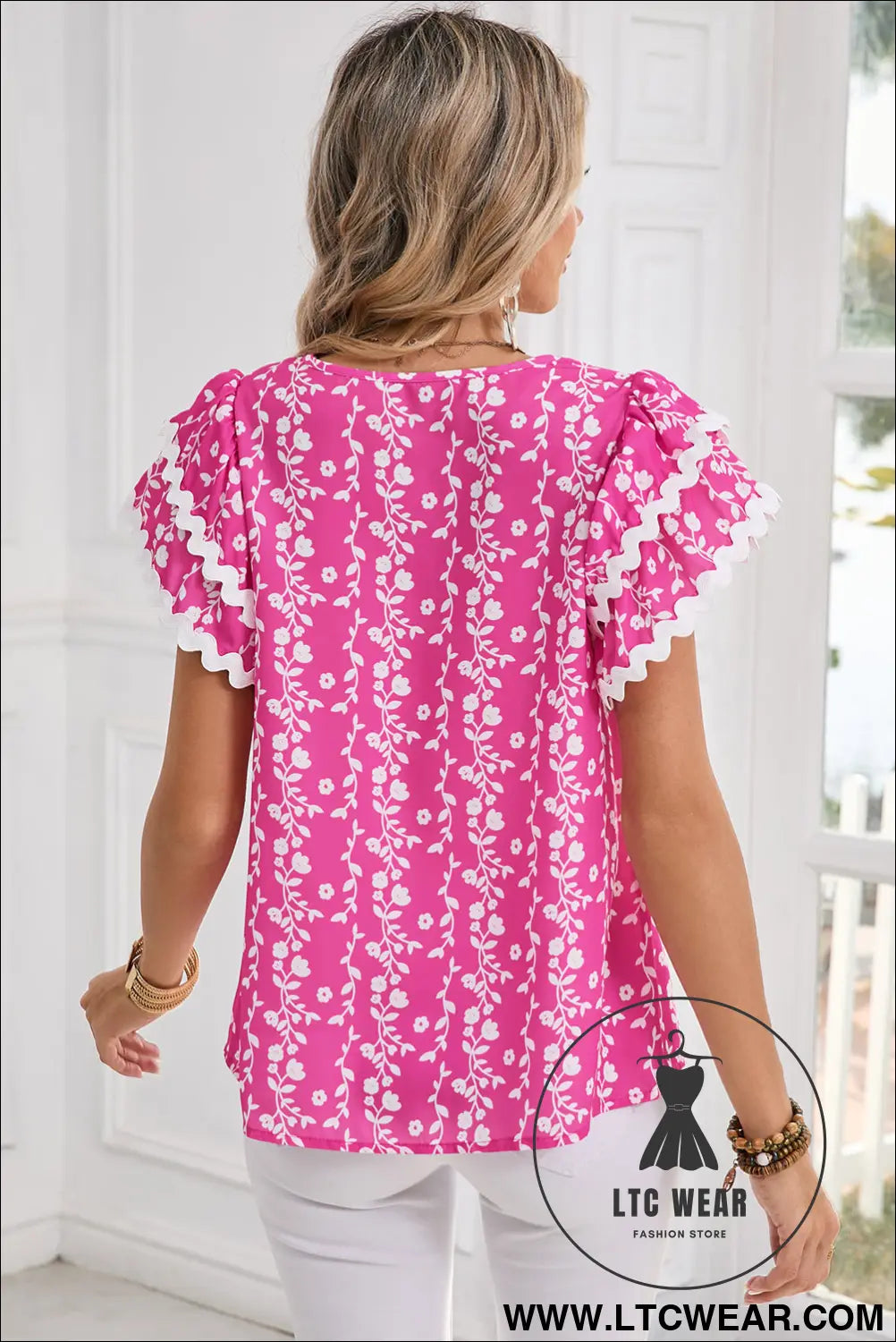 Pink floral print ric rac tiered ruffled v neck blouse - blouses & shirts