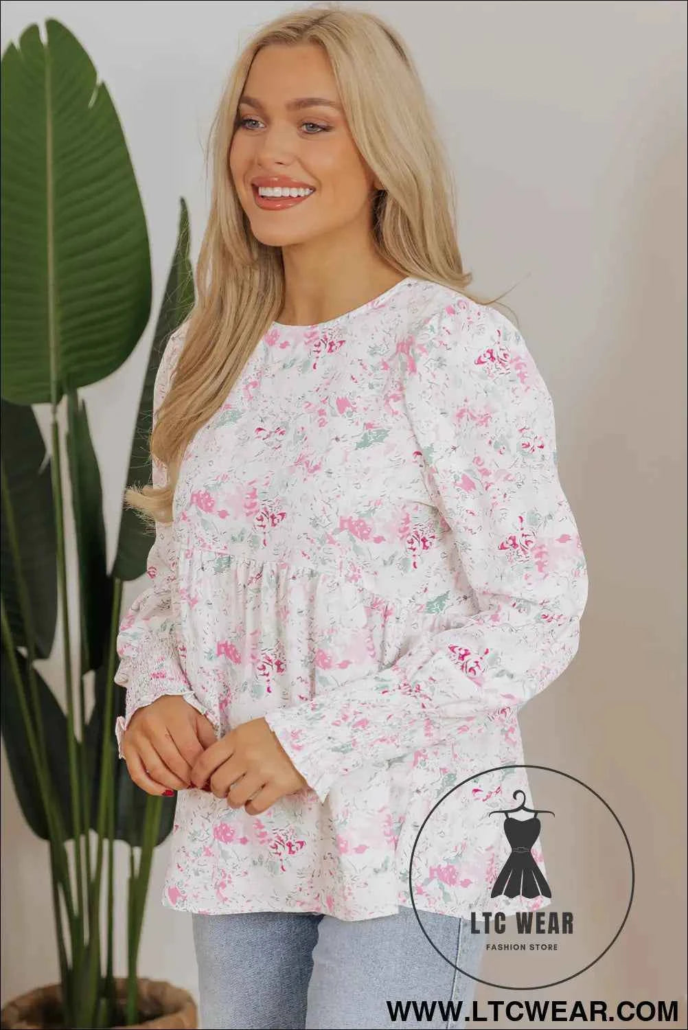 Pink Floral Print Shirred Balloon Sleeve Keyhole Back Babydoll Blouse