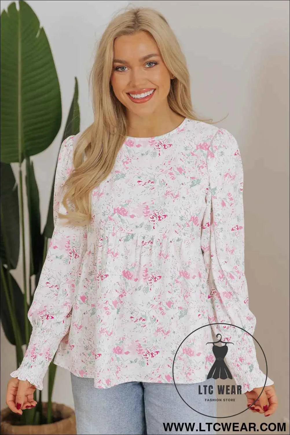 Pink Floral Print Shirred Balloon Sleeve Keyhole Back Babydoll Blouse