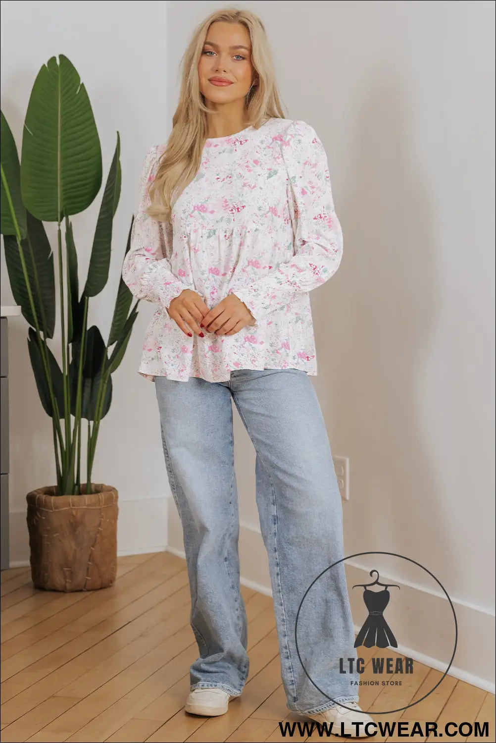 Pink Floral Print Shirred Balloon Sleeve Keyhole Back Babydoll Blouse - L.T.C Wear Online Fashion Store
