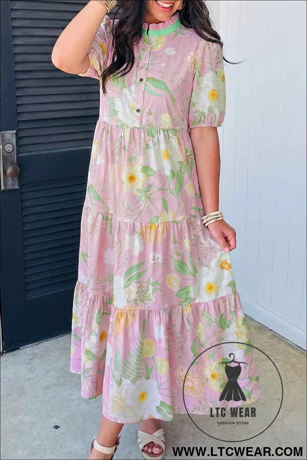 Pink Floral Print Short Puff Sleeve High Waist Tiered Maxi Dress