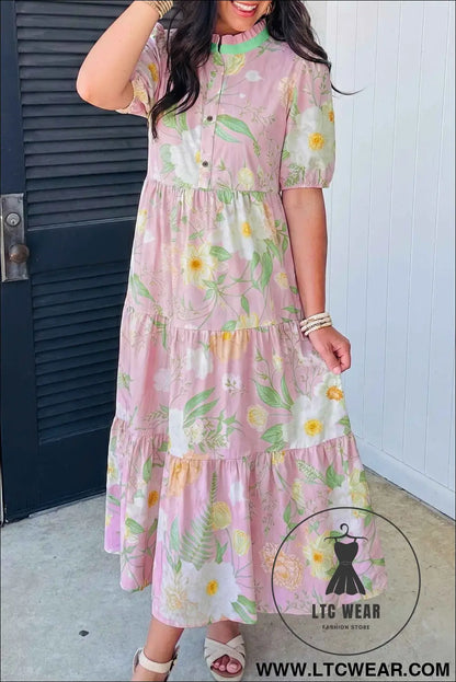 Pink Floral Print Short Puff Sleeve High Waist Tiered Maxi Dress
