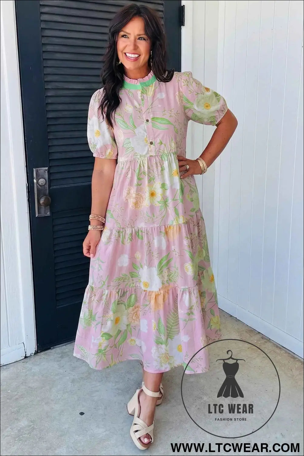 Pink Floral Print Short Puff Sleeve High Waist Tiered Maxi Dress