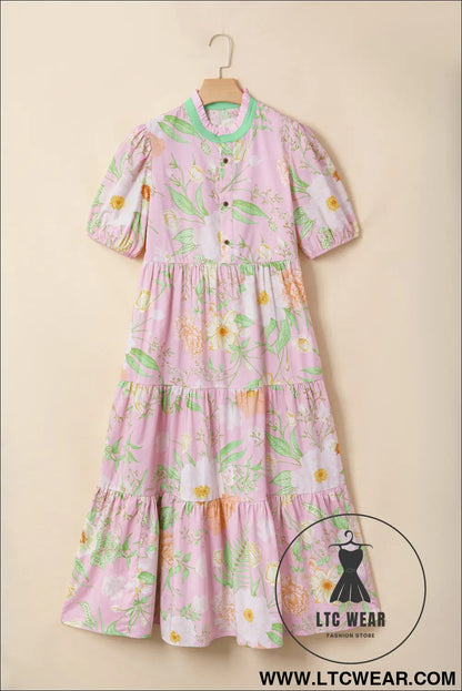 Pink Floral Print Short Puff Sleeve High Waist Tiered Maxi Dress - L.T.C Wear Online Fashion Store