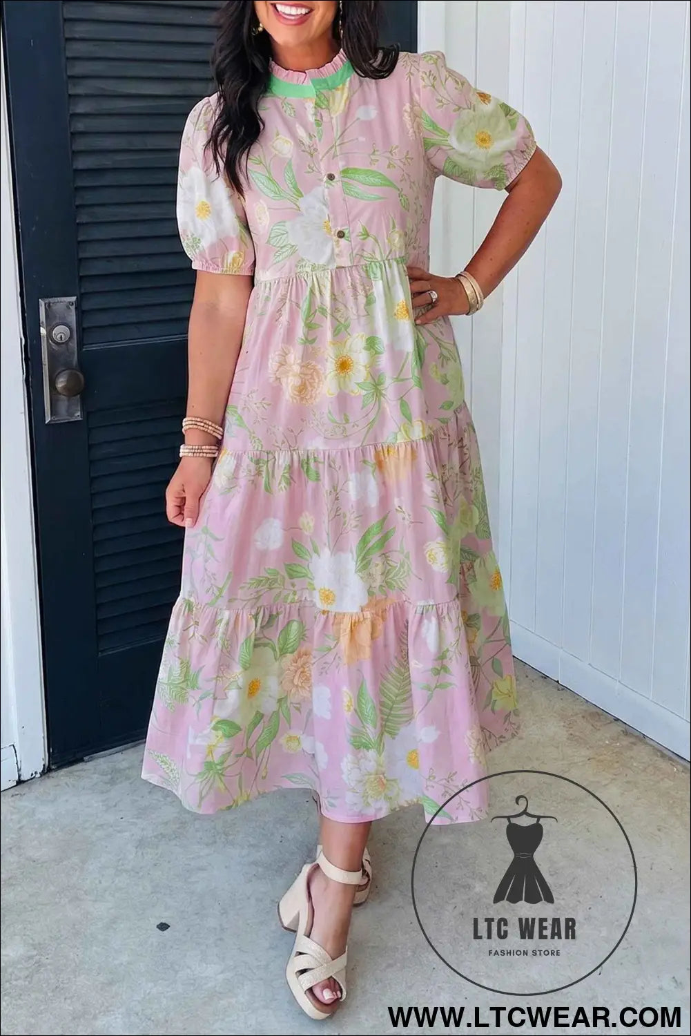 Pink Floral Print Short Puff Sleeve High Waist Tiered Maxi Dress
