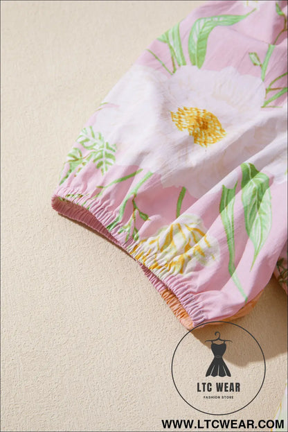 Pink Floral Print Short Puff Sleeve High Waist Tiered Maxi Dress - L.T.C Wear Online Fashion Store