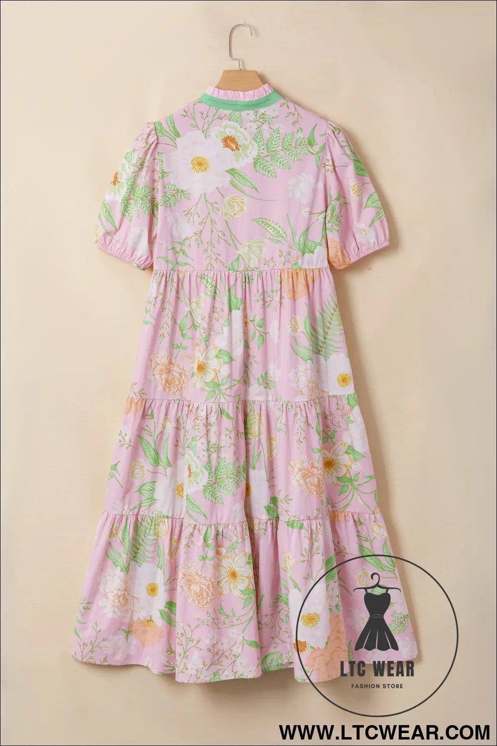 Pink Floral Print Short Puff Sleeve High Waist Tiered Maxi Dress - L.T.C Wear Online Fashion Store