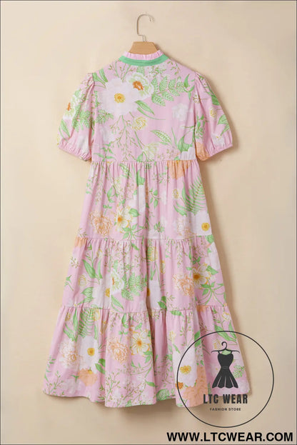 Pink Floral Print Short Puff Sleeve High Waist Tiered Maxi Dress - L.T.C Wear Online Fashion Store