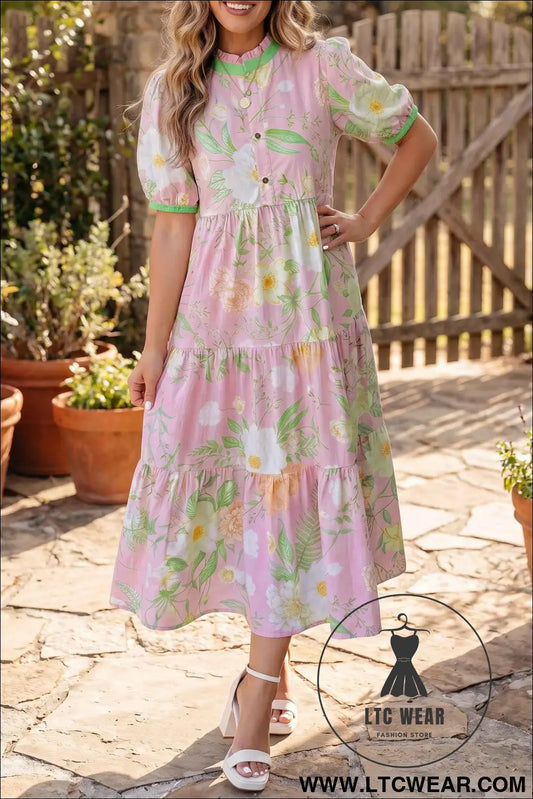 Pink Floral Print Short Puff Sleeve High Waist Tiered Maxi Dress