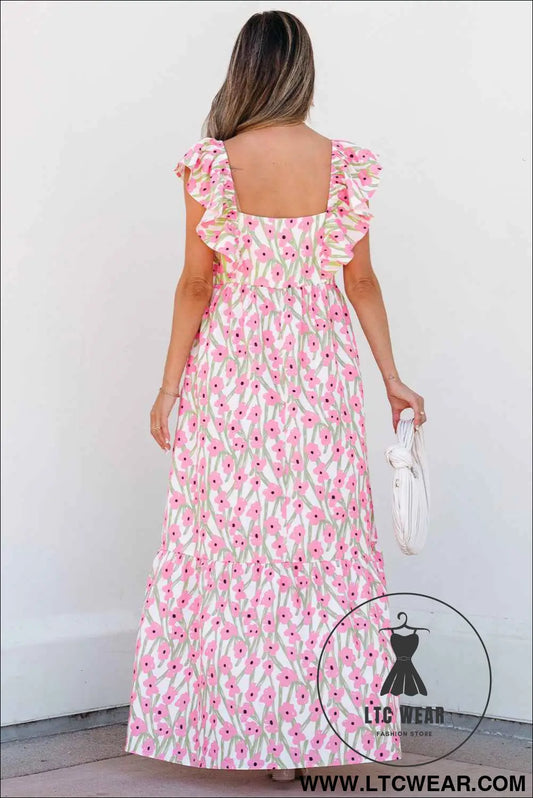 Pink Floral Print Square Neck Ruffled Strap Maxi Dress