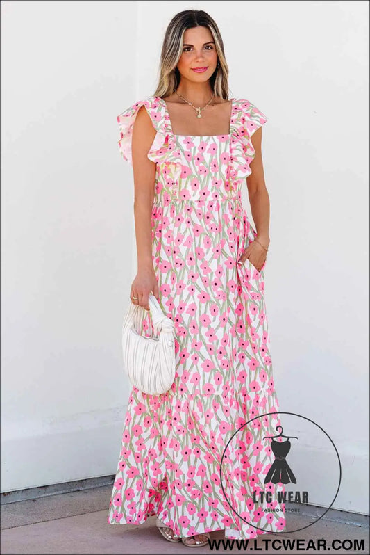 Pink Floral Print Square Neck Ruffled Strap Maxi Dress