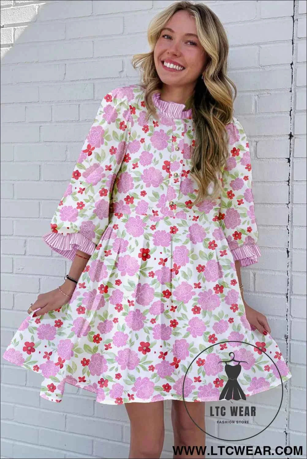 Pink Floral 3/4 Sleeve Striped Trim Frilled Mini Dress