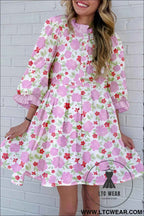 Pink Floral 3/4 Sleeve Striped Trim Frilled Mini Dress