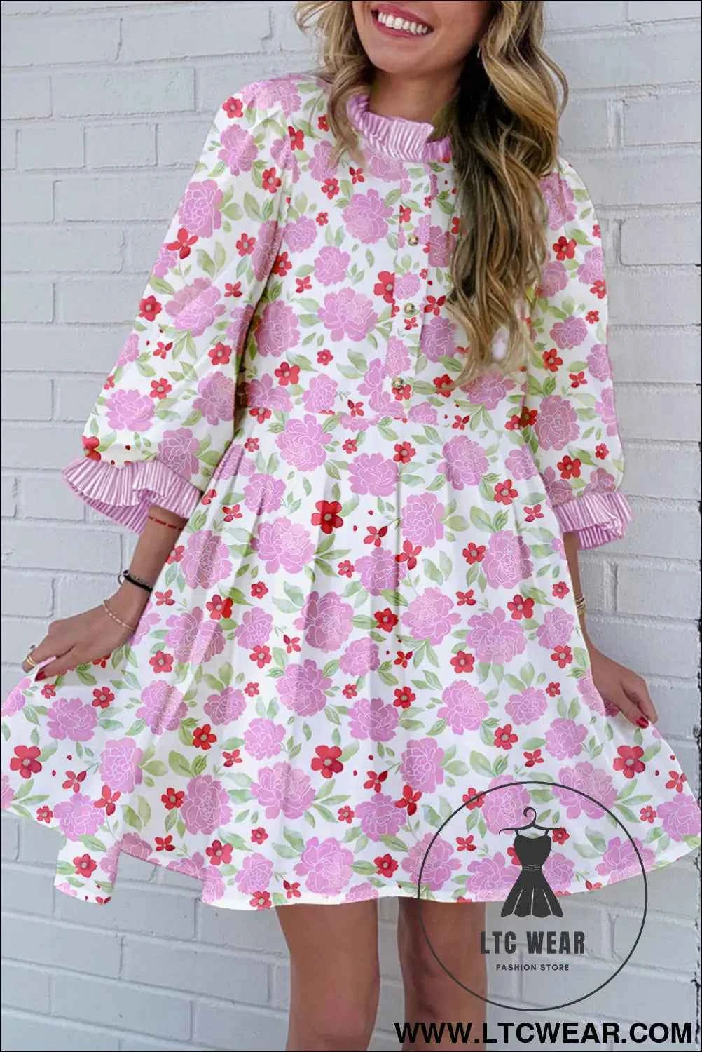 Pink Floral 3/4 Sleeve Striped Trim Frilled Mini Dress