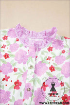 Pink Floral 3/4 Sleeve Striped Trim Frilled Mini Dress