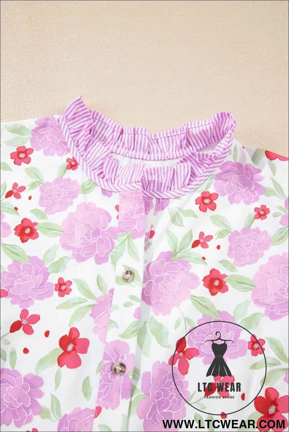 Pink Floral 3/4 Sleeve Striped Trim Frilled Mini Dress