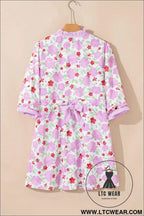 Pink Floral 3/4 Sleeve Striped Trim Frilled Mini Dress