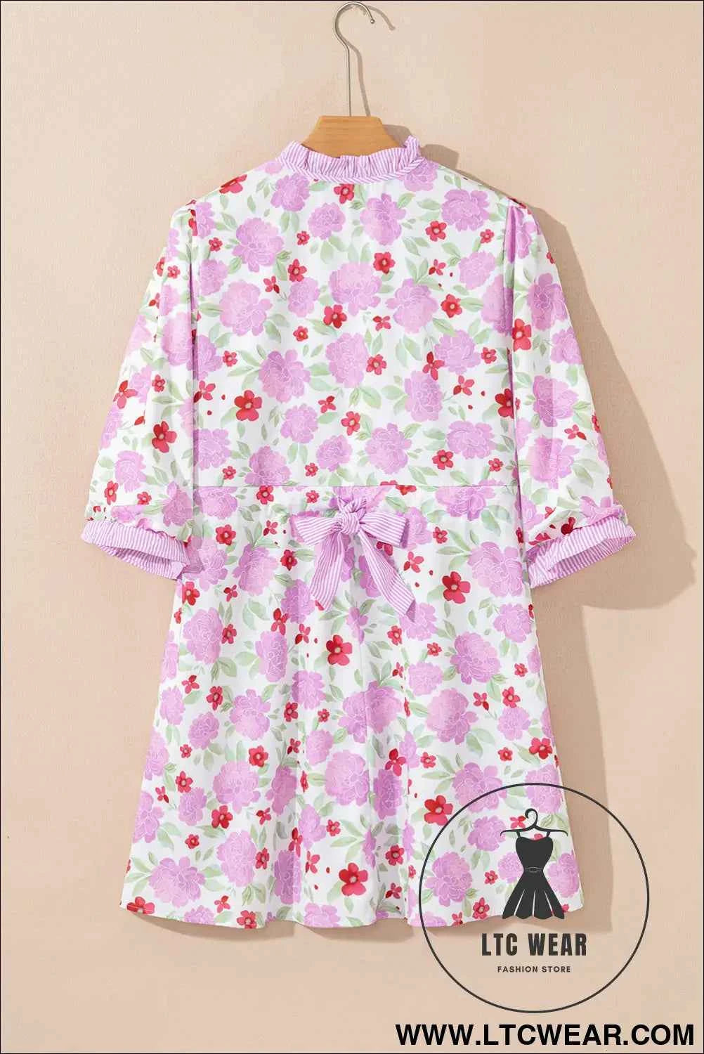 Pink Floral 3/4 Sleeve Striped Trim Frilled Mini Dress