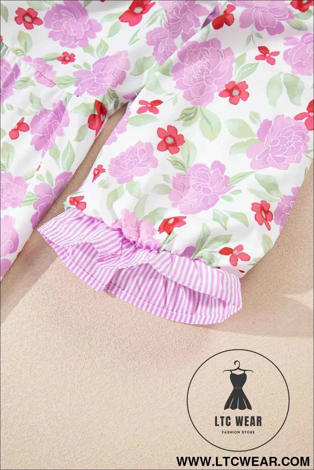 Pink Floral 3/4 Sleeve Striped Trim Frilled Mini Dress