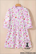 Pink Floral 3/4 Sleeve Striped Trim Frilled Mini Dress