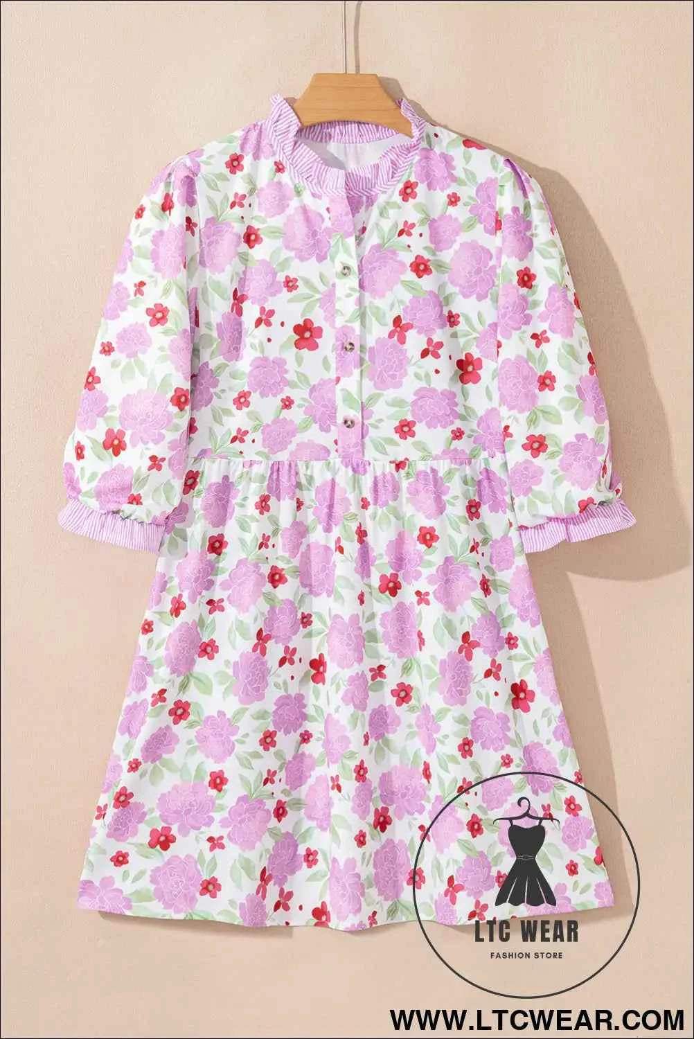 Pink Floral 3/4 Sleeve Striped Trim Frilled Mini Dress