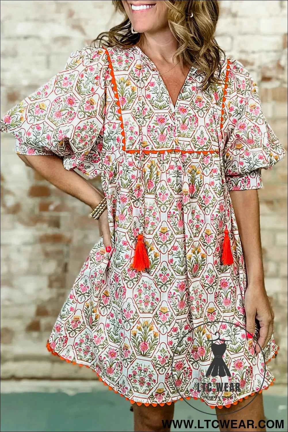 Pink Floral Print Tassel Tie V Neck Scalloped Detail Loose Mini Dress