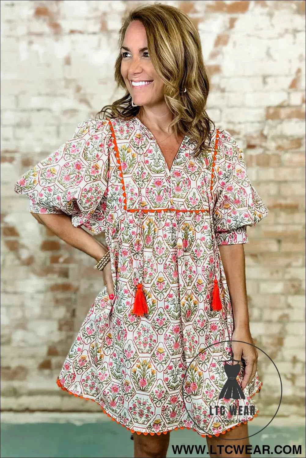 Pink Floral Print Tassel Tie V Neck Scalloped Detail Loose Mini Dress