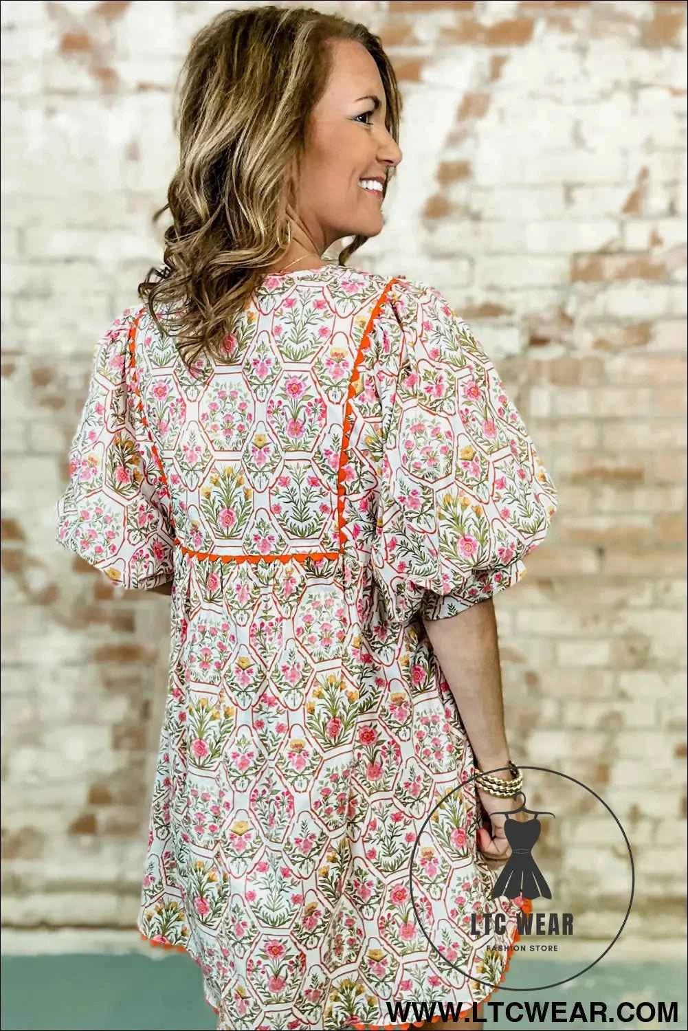 Pink Floral Print Tassel Tie V Neck Scalloped Detail Loose Mini Dress