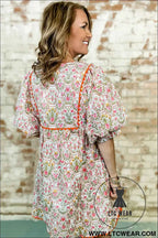 Pink Floral Print Tassel Tie V Neck Scalloped Detail Loose Mini Dress