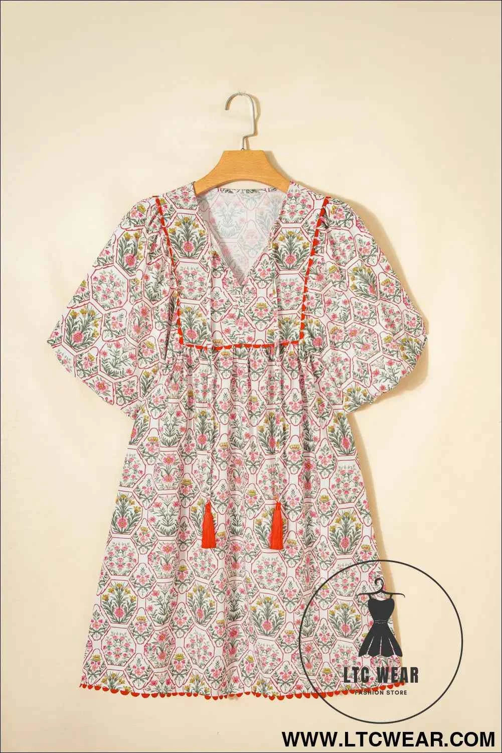 Pink Floral Print Tassel Tie V Neck Scalloped Detail Loose Mini Dress
