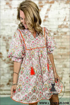 Pink Floral Print Tassel Tie V Neck Scalloped Detail Loose Mini Dress