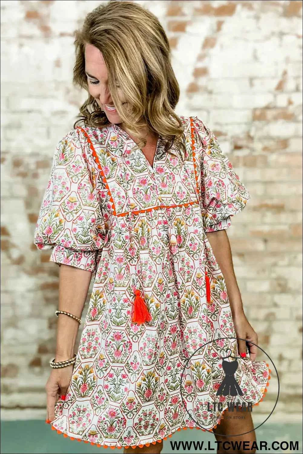 Pink Floral Print Tassel Tie V Neck Scalloped Detail Loose Mini Dress