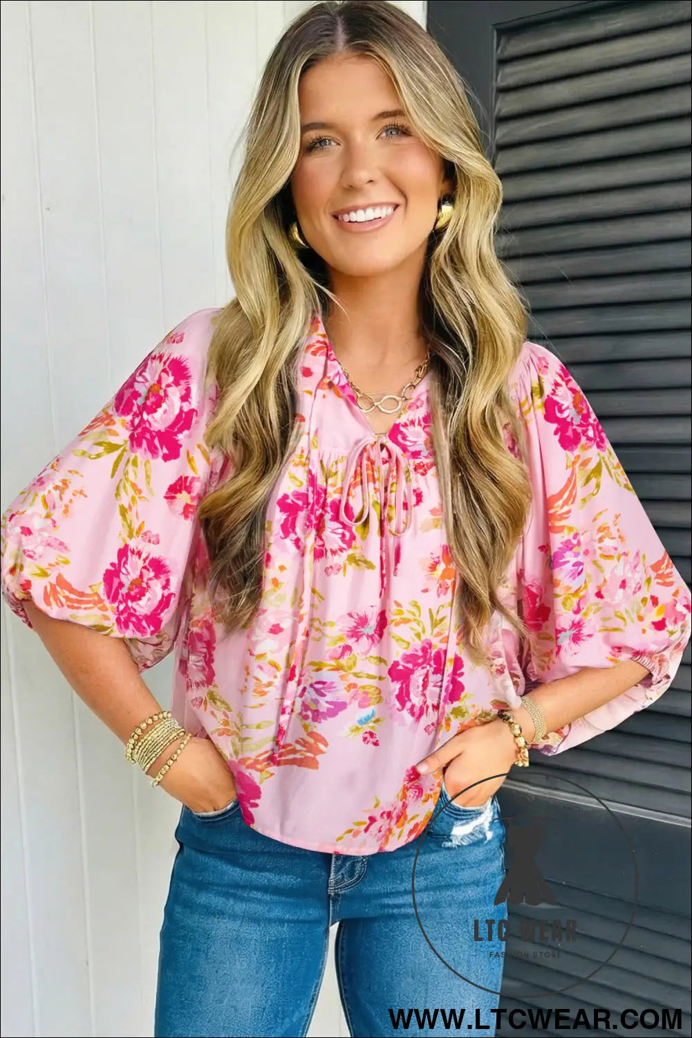 Pink floral print tie neck puffy half sleeve blouse - blouses & shirts
