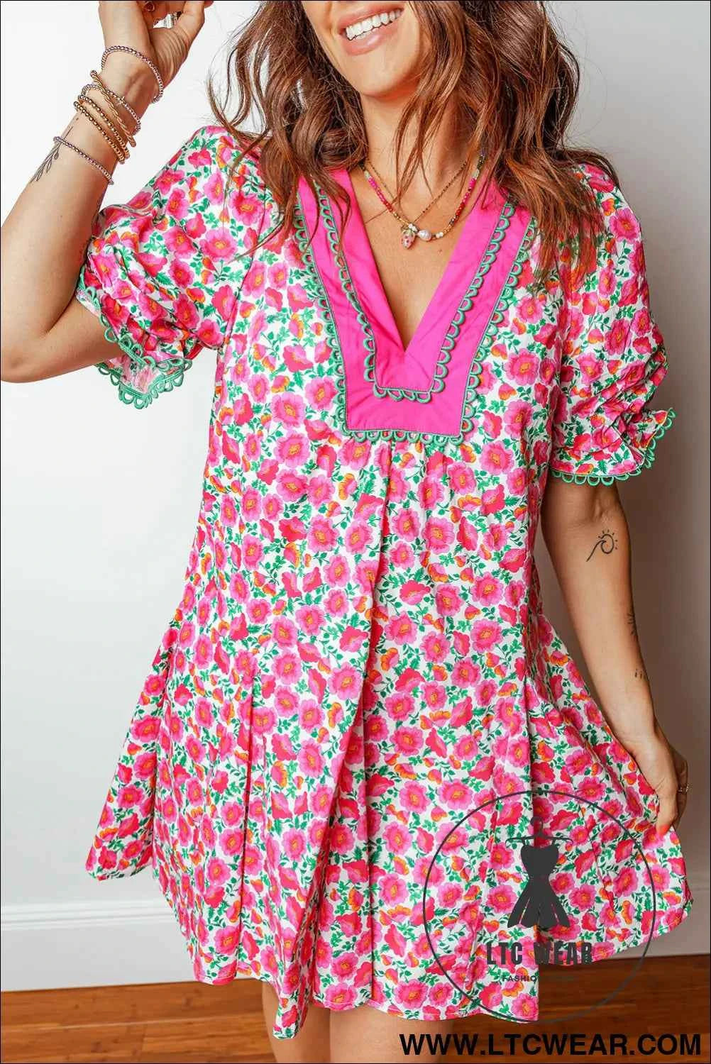 Pink Floral Print V Neck Patchwork Short Bubble Sleeve Mini Dress
