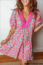 Pink Floral Print V Neck Patchwork Short Bubble Sleeve Mini Dress
