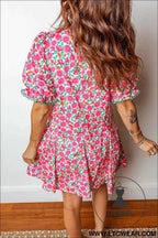 Pink Floral Print V Neck Patchwork Short Bubble Sleeve Mini Dress