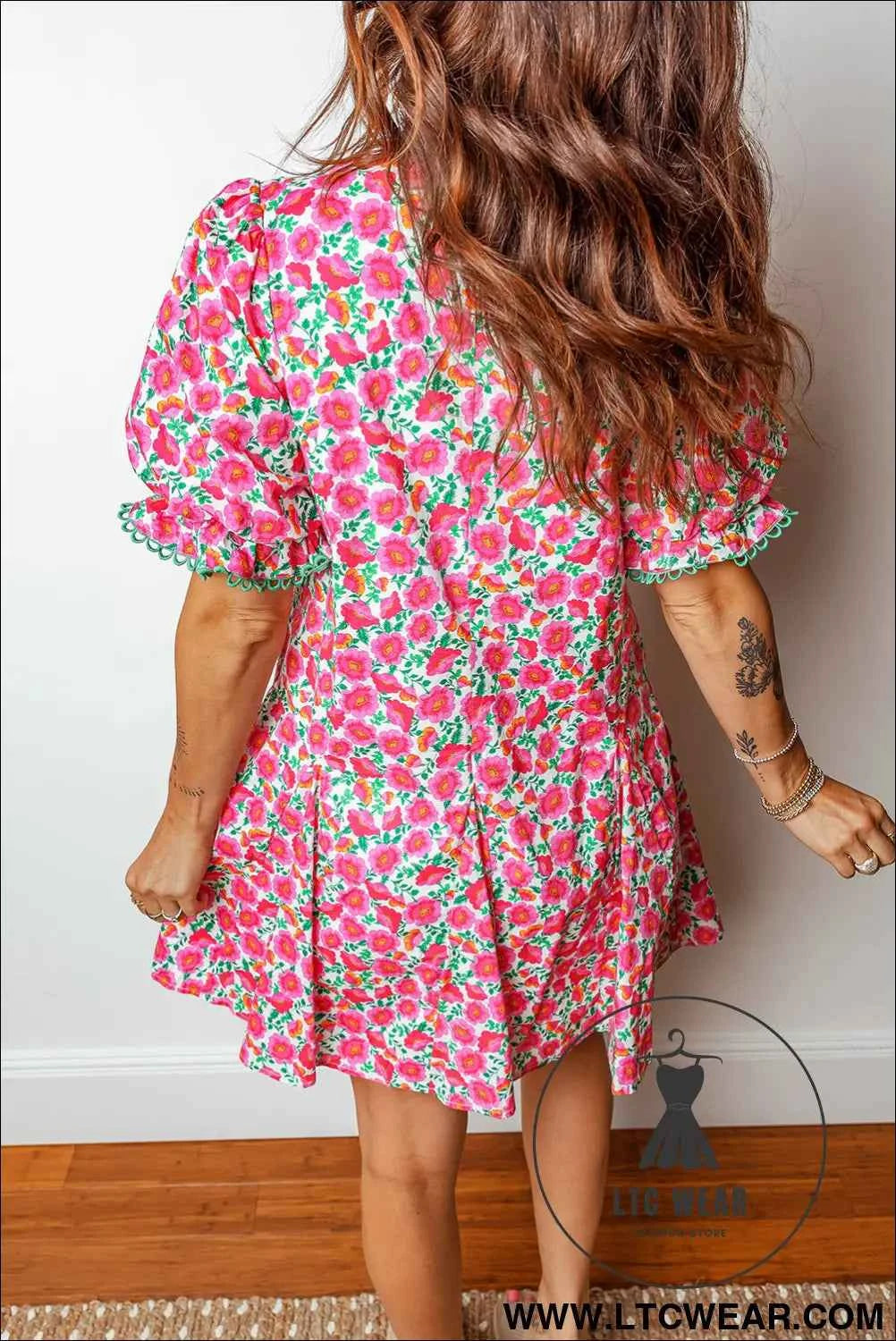 Pink Floral Print V Neck Patchwork Short Bubble Sleeve Mini Dress