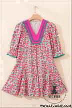 Pink Floral Print V Neck Patchwork Short Bubble Sleeve Mini Dress